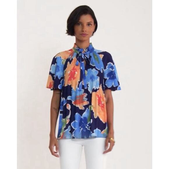 Ralph Lauren Floral Pleated Crinkle Georgette Top 3X Flutter Sleeve V-Neck Flowy - Picture 4 of 11